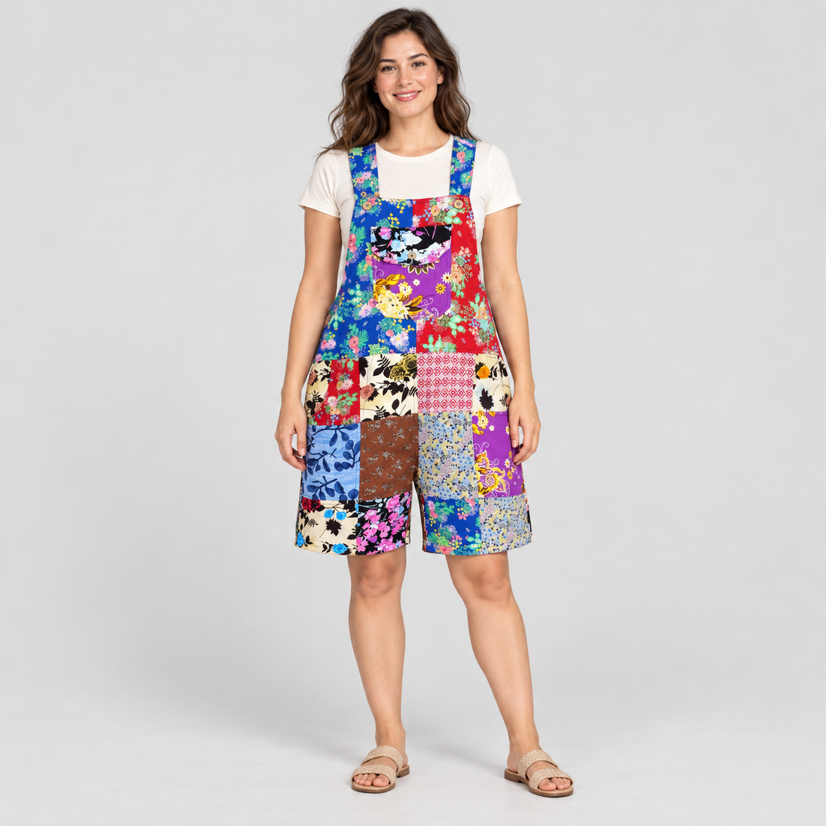 Floral patchwork cotton short overalls, generated model styling view