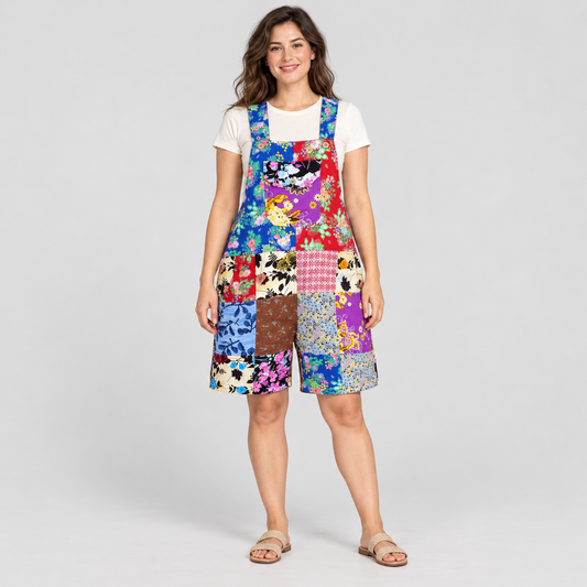 Floral patchwork cotton short overalls, generated model styling view
