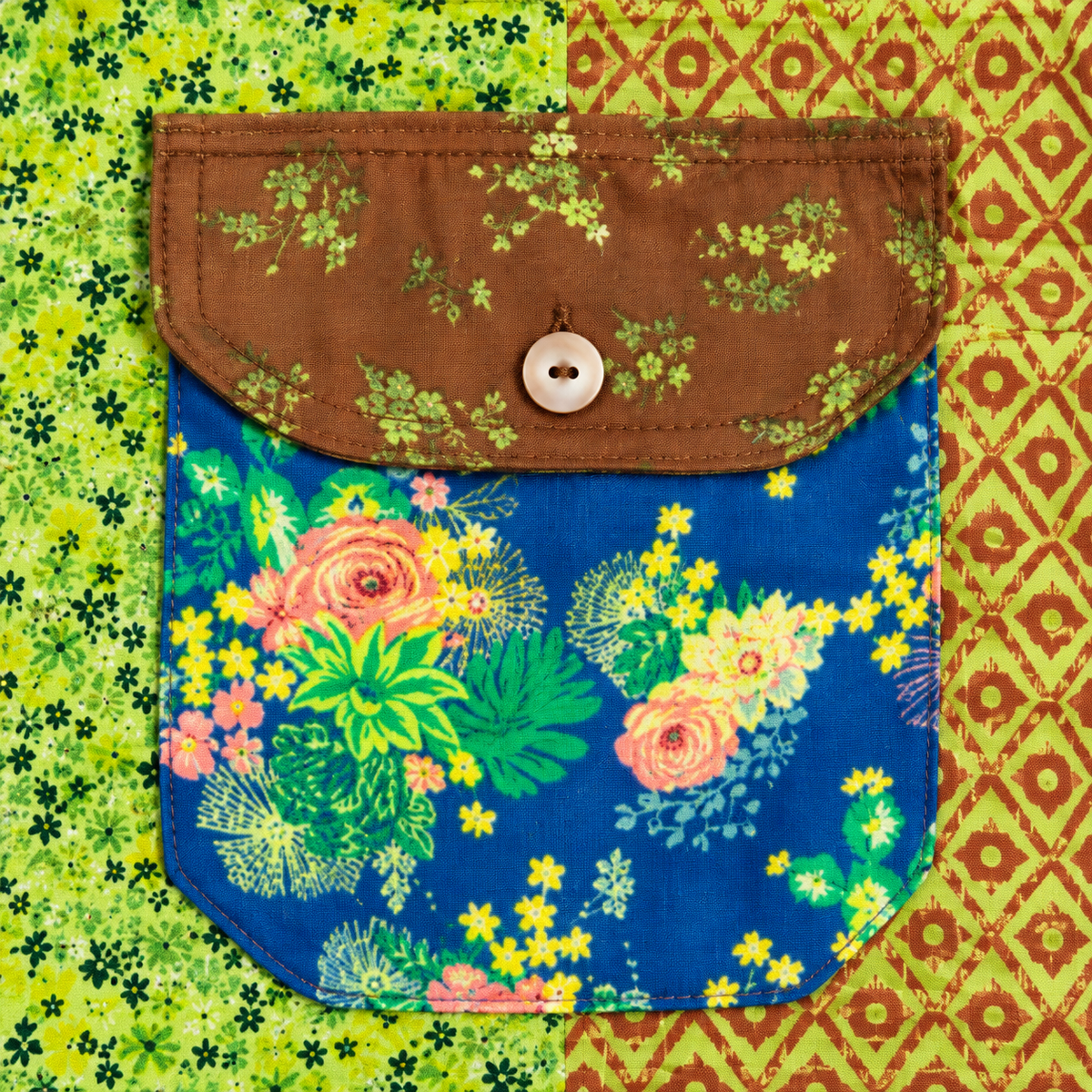 KD620 green patchwork cotton short overalls, bib pocket detail