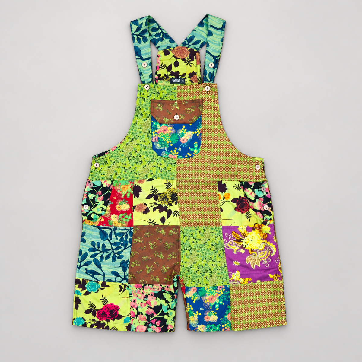 Green patchwork cotton short overalls KD620, full front view