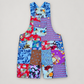 KD621 blue multicolor patchwork cotton short overalls, front