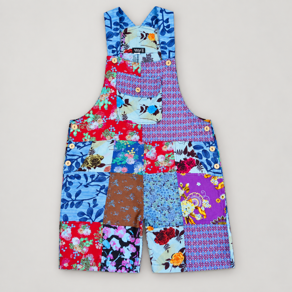 KD621 blue multicolor patchwork cotton short overalls, front