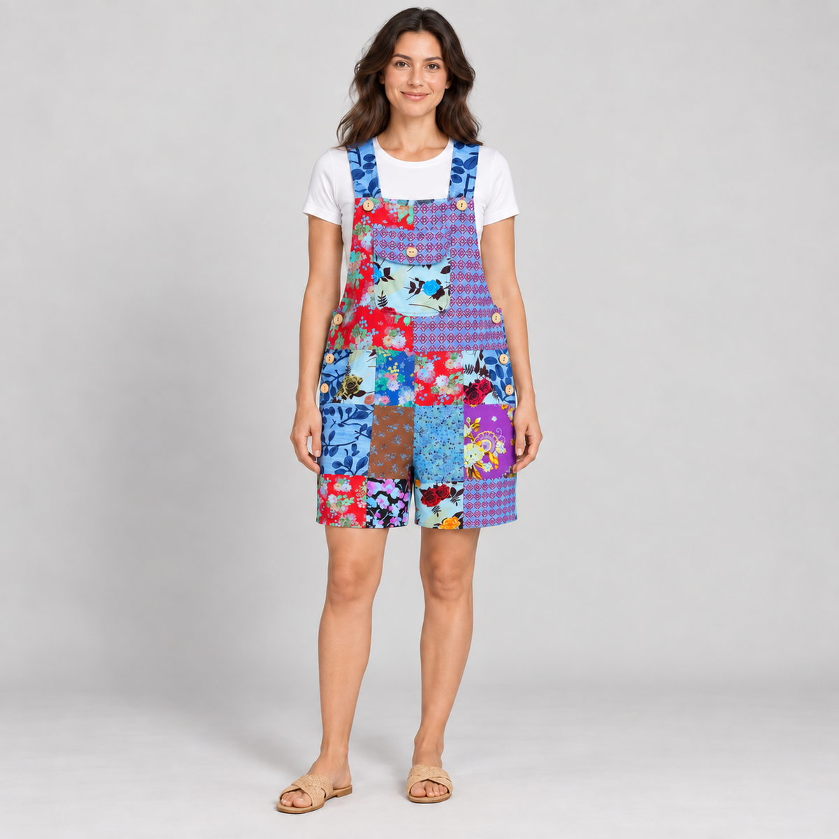 KD621 blue multicolor cotton short overalls styled on a model
