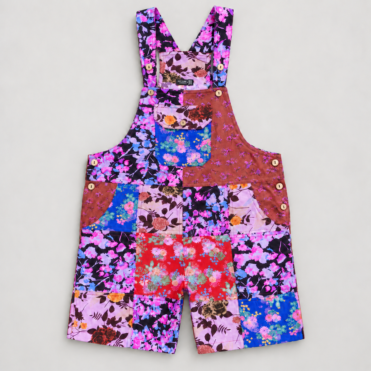 KD622 purple multicolor patchwork cotton short overalls, original front