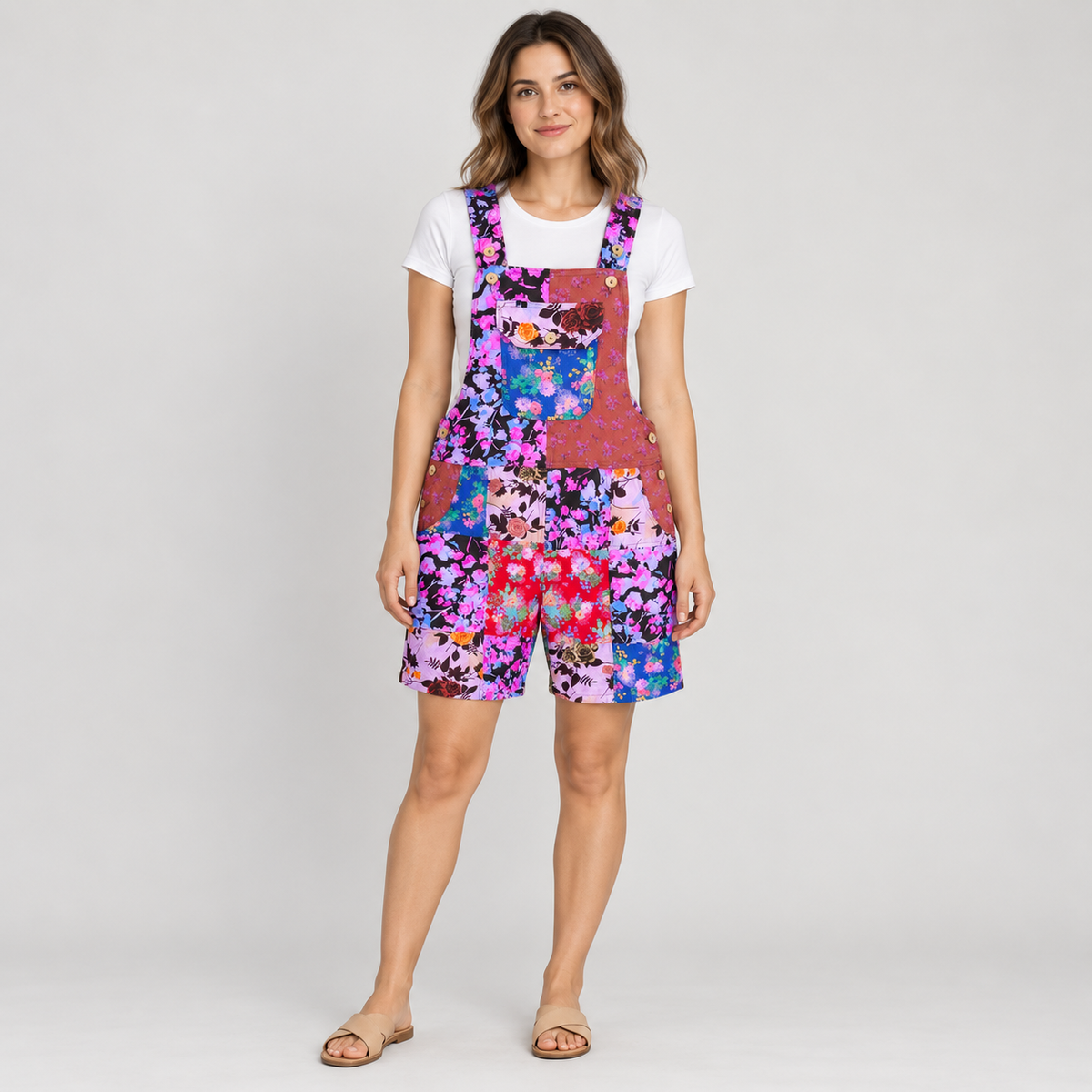 KD622 purple multicolor short overalls styled on a model