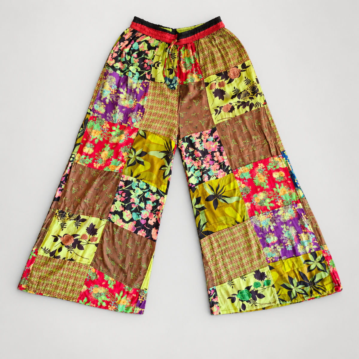 Green multicolor patchwork cotton wide-leg trousers, full front view