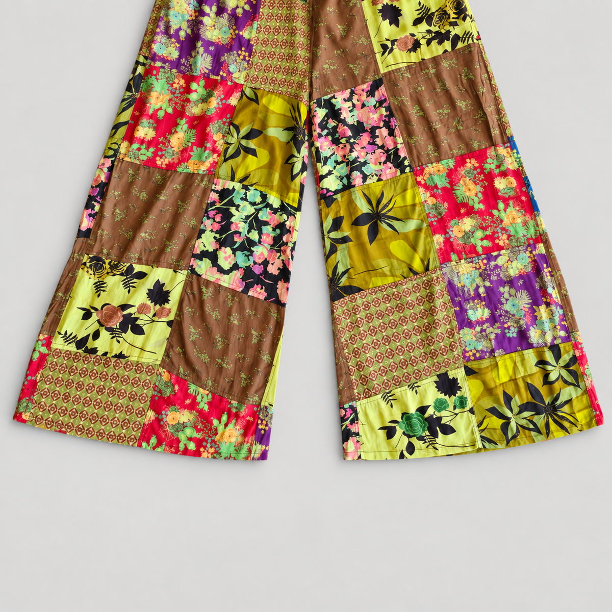 Green patchwork wide-leg trouser hem detail