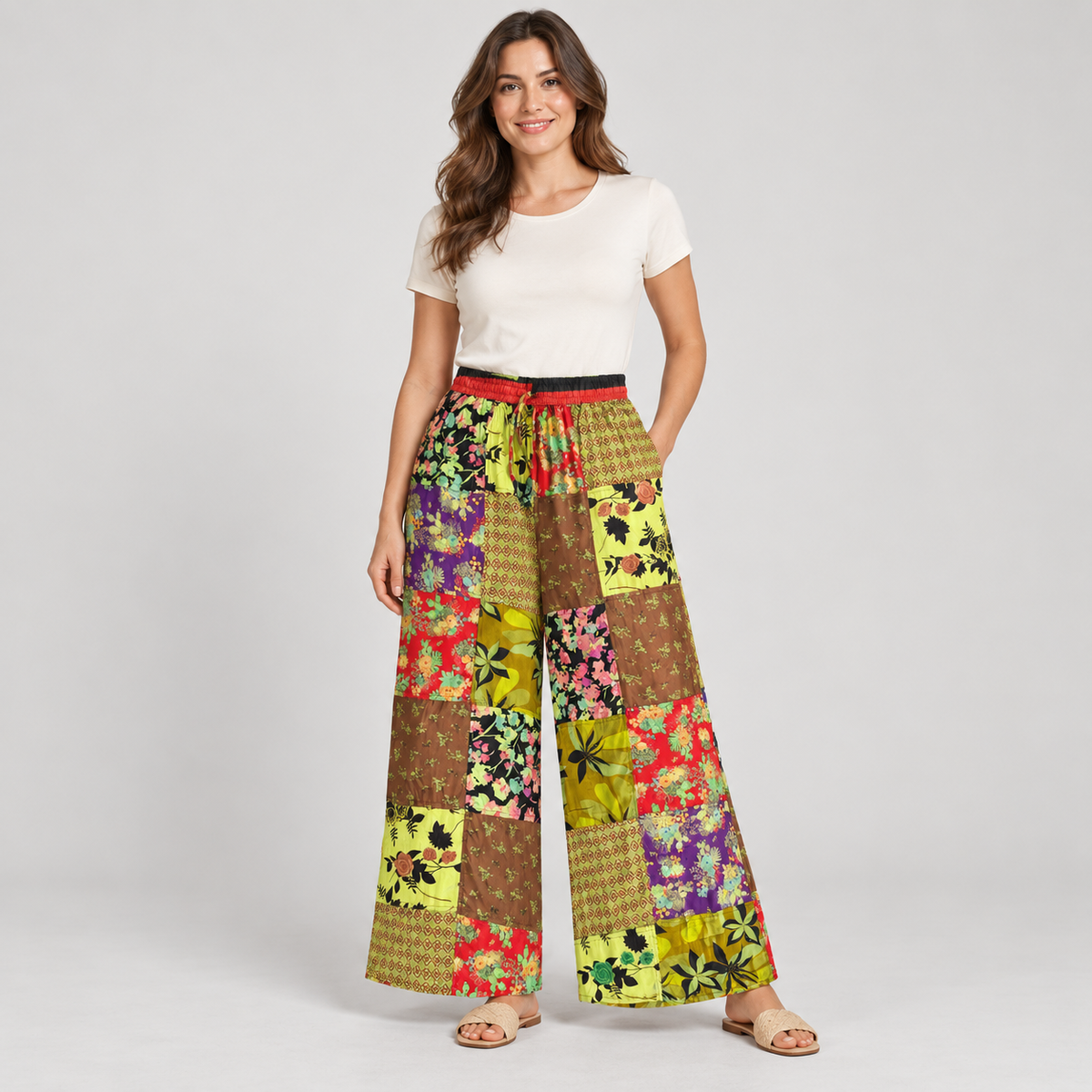 Woman wearing green patchwork cotton trousers with one hand in a pocket