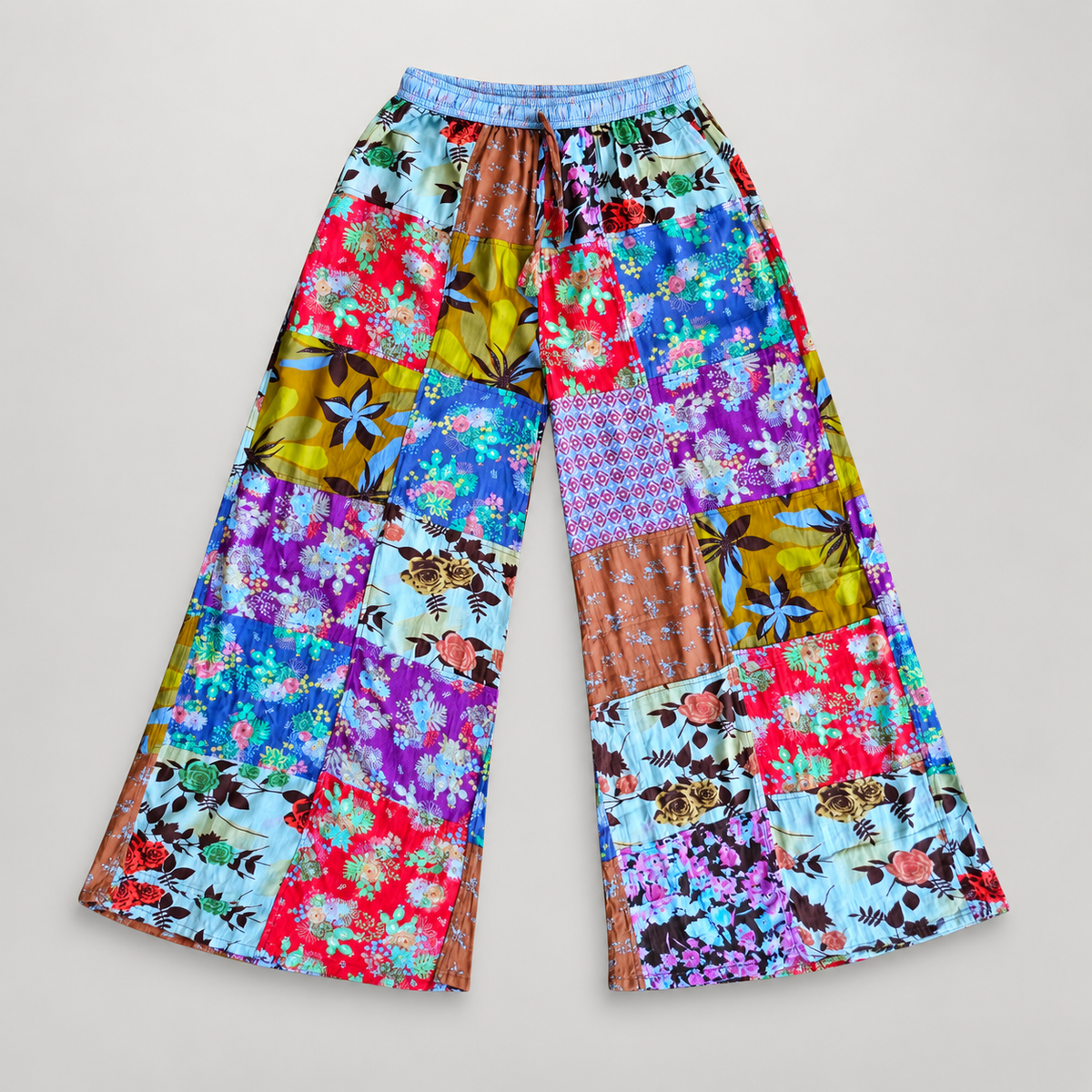 KD625 blue multicolor patchwork cotton wide-leg trousers, full front