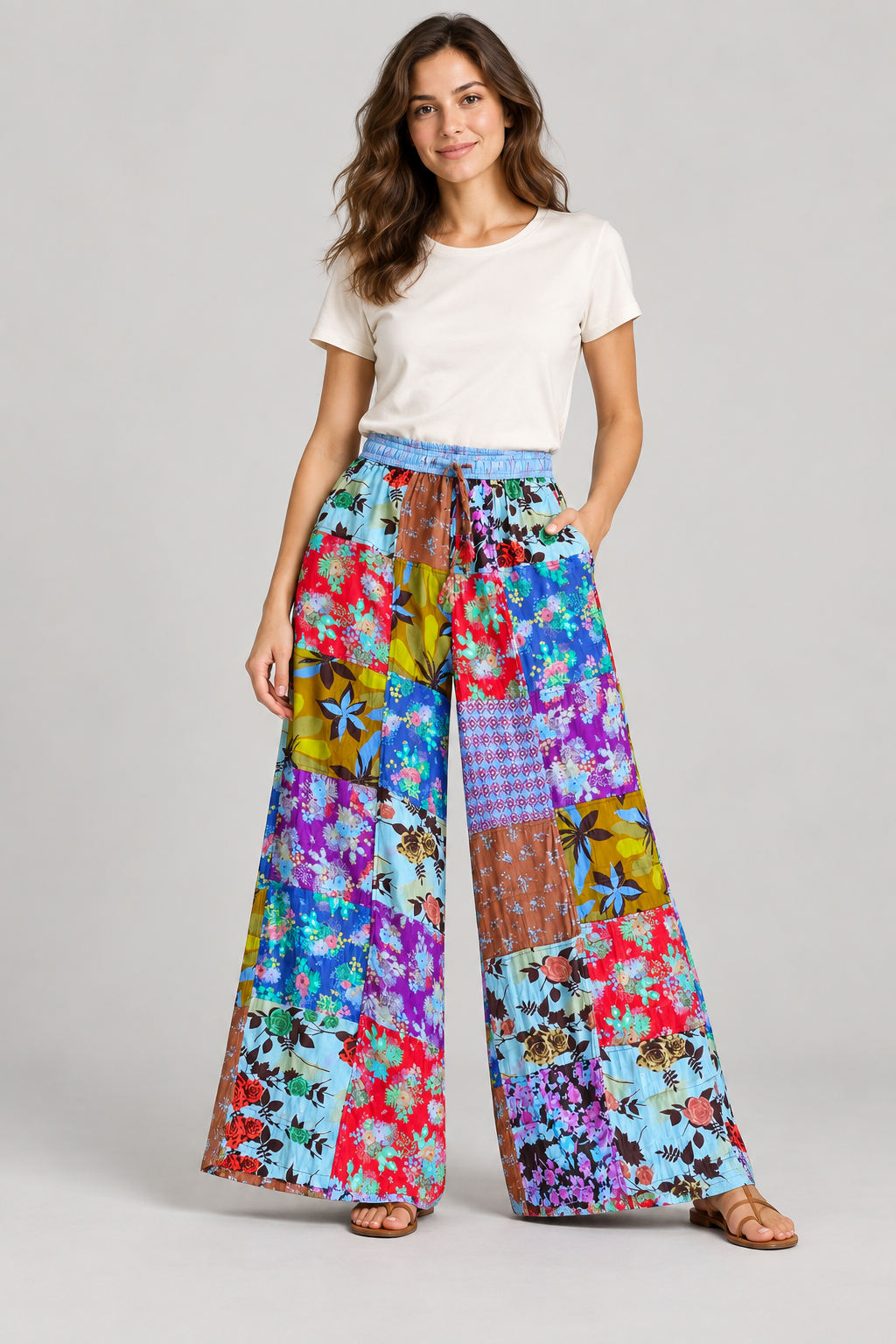Model wearing KD625 patchwork trousers with one hand in a side pocket
