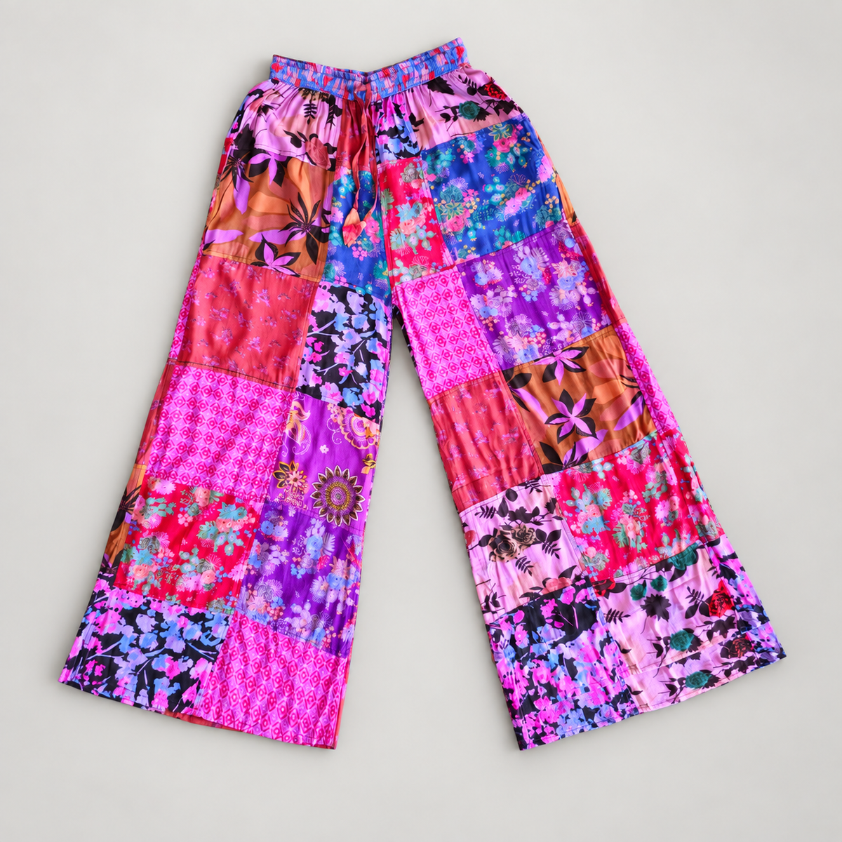 Pink multicolor patchwork cotton wide-leg trousers, full front flat lay