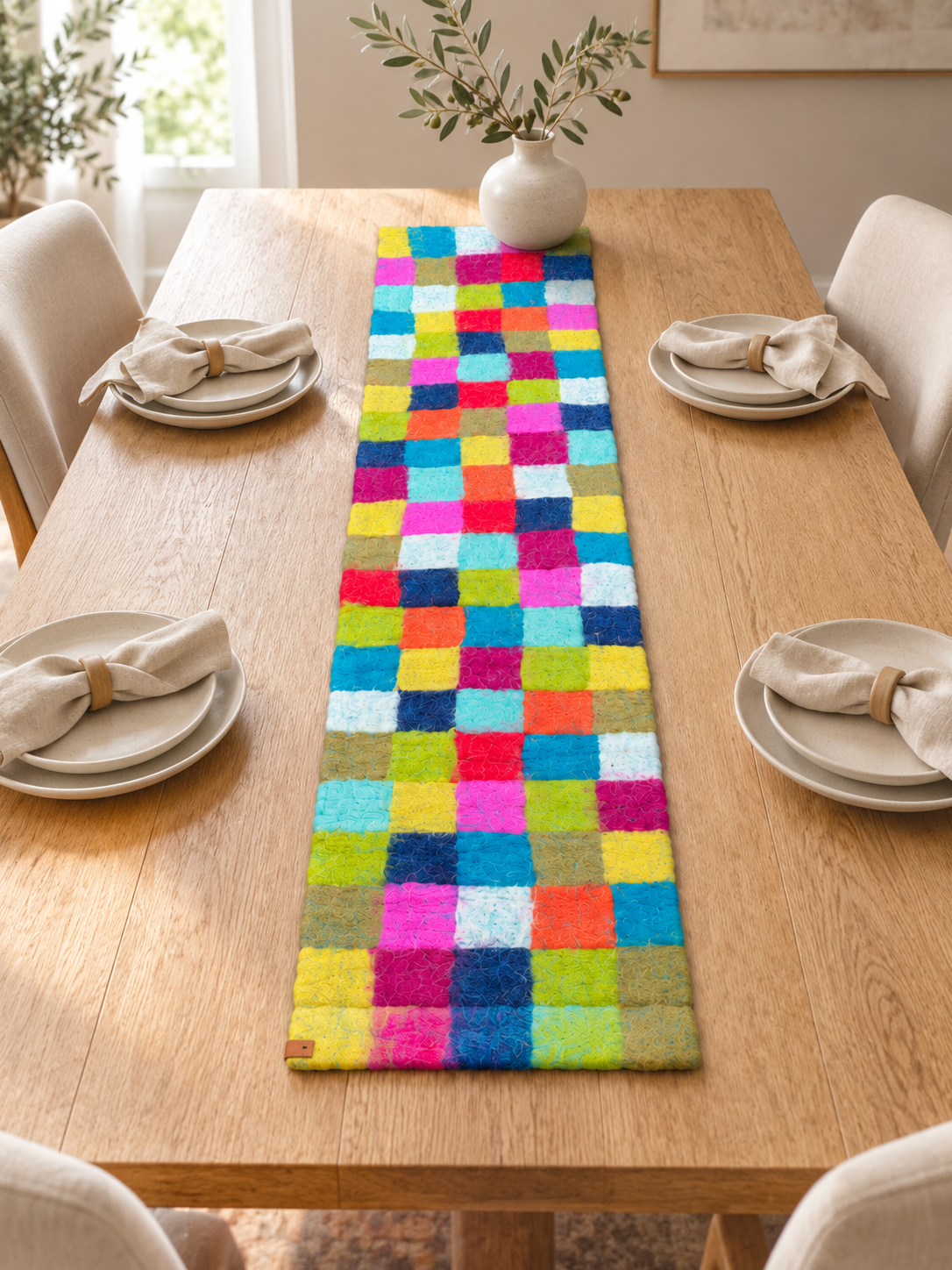 Multicolor checker runner centered on a decorated dining table