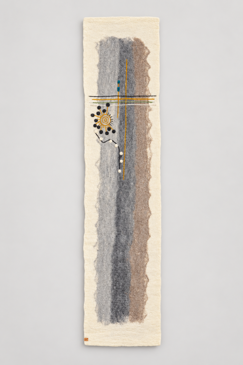Ivory gray and taupe felt wool table runner with mustard spiral motif