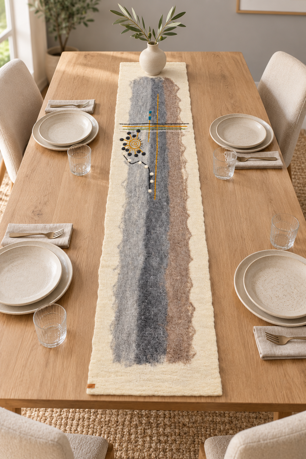 Felt wool table runner centered on a decorated oak dining table
