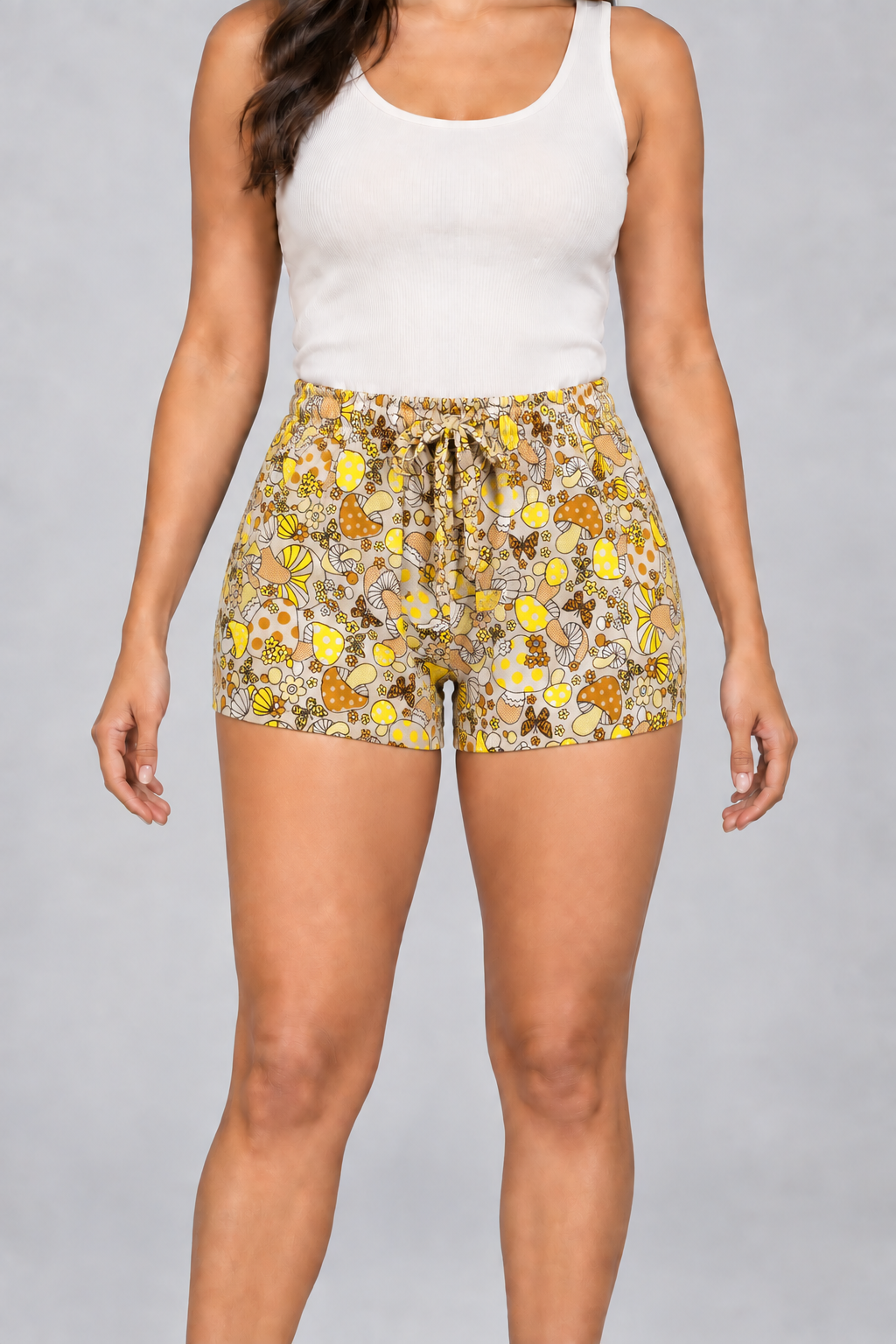 Mushroom Print Cotton Shorts in Beige, front view on model