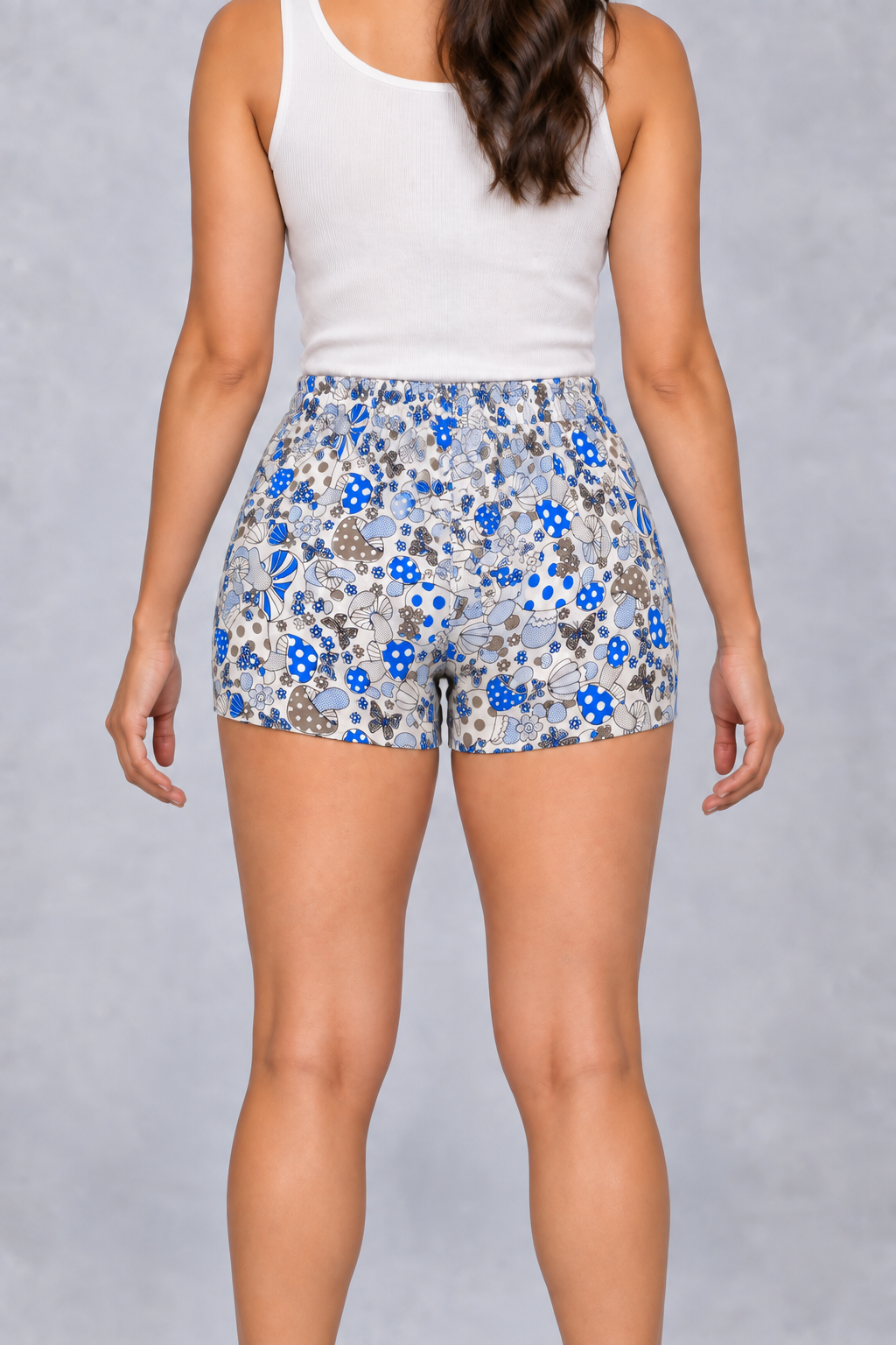 Mushroom Print Cotton Shorts in White, back view on model