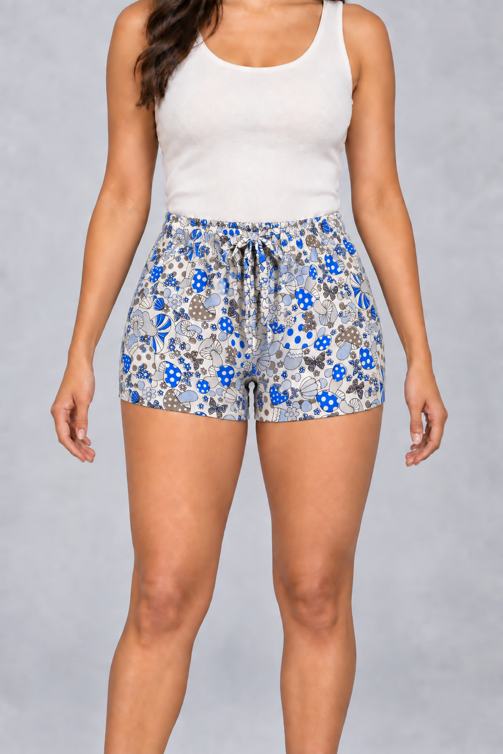 Mushroom Print Cotton Shorts in White, front view on model