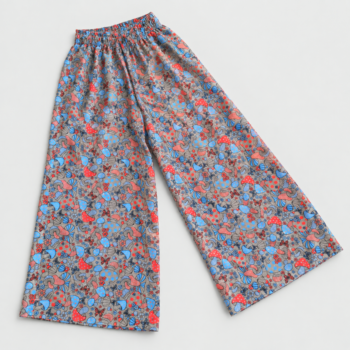 Gray & Red mushroom print cotton palazzo trousers – angle view