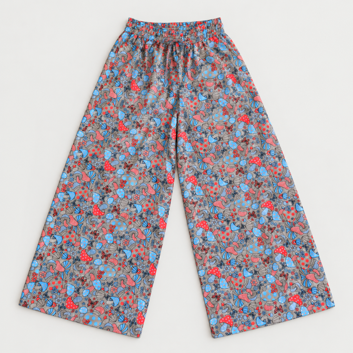 Gray & Red mushroom print cotton palazzo trousers – front view