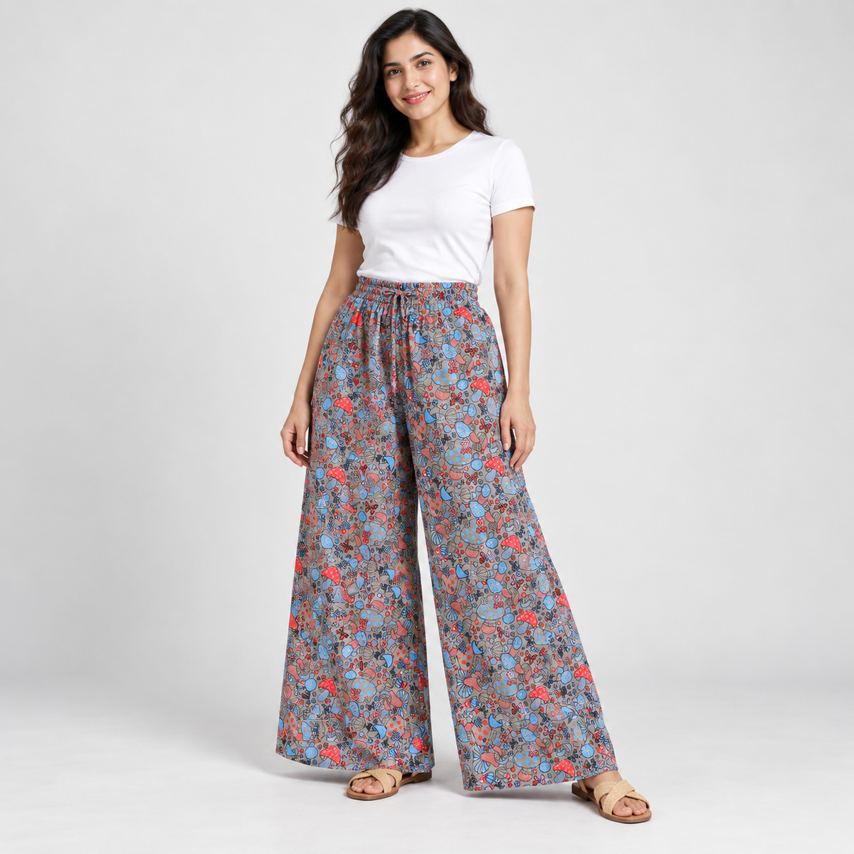 Gray & Red mushroom print cotton palazzo trousers – AI-generated model styling