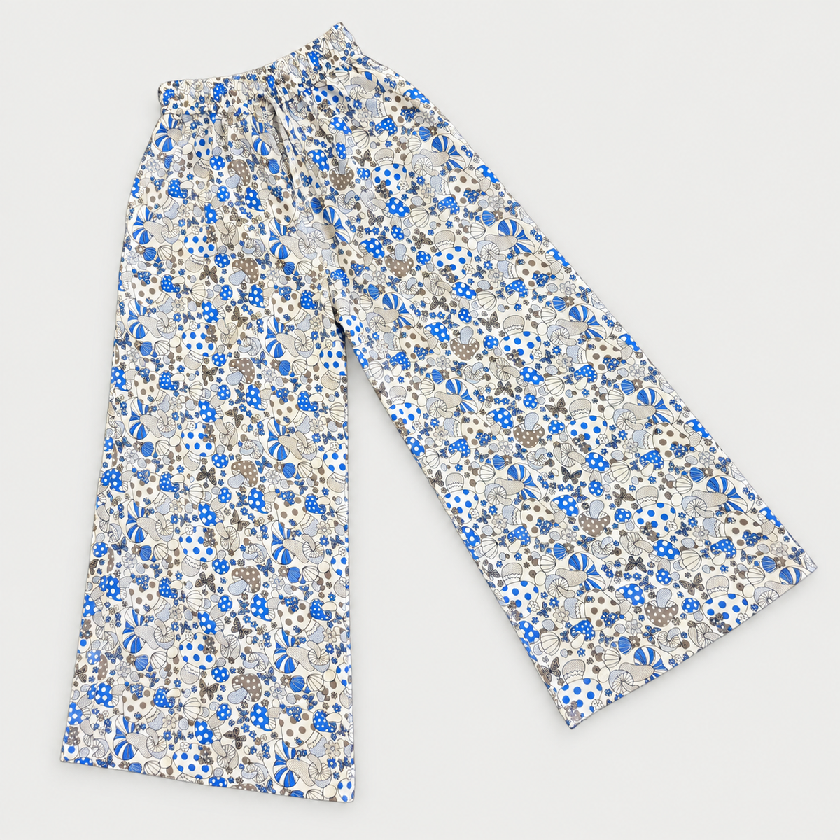 White & Blue mushroom print cotton palazzo trousers – angle view
