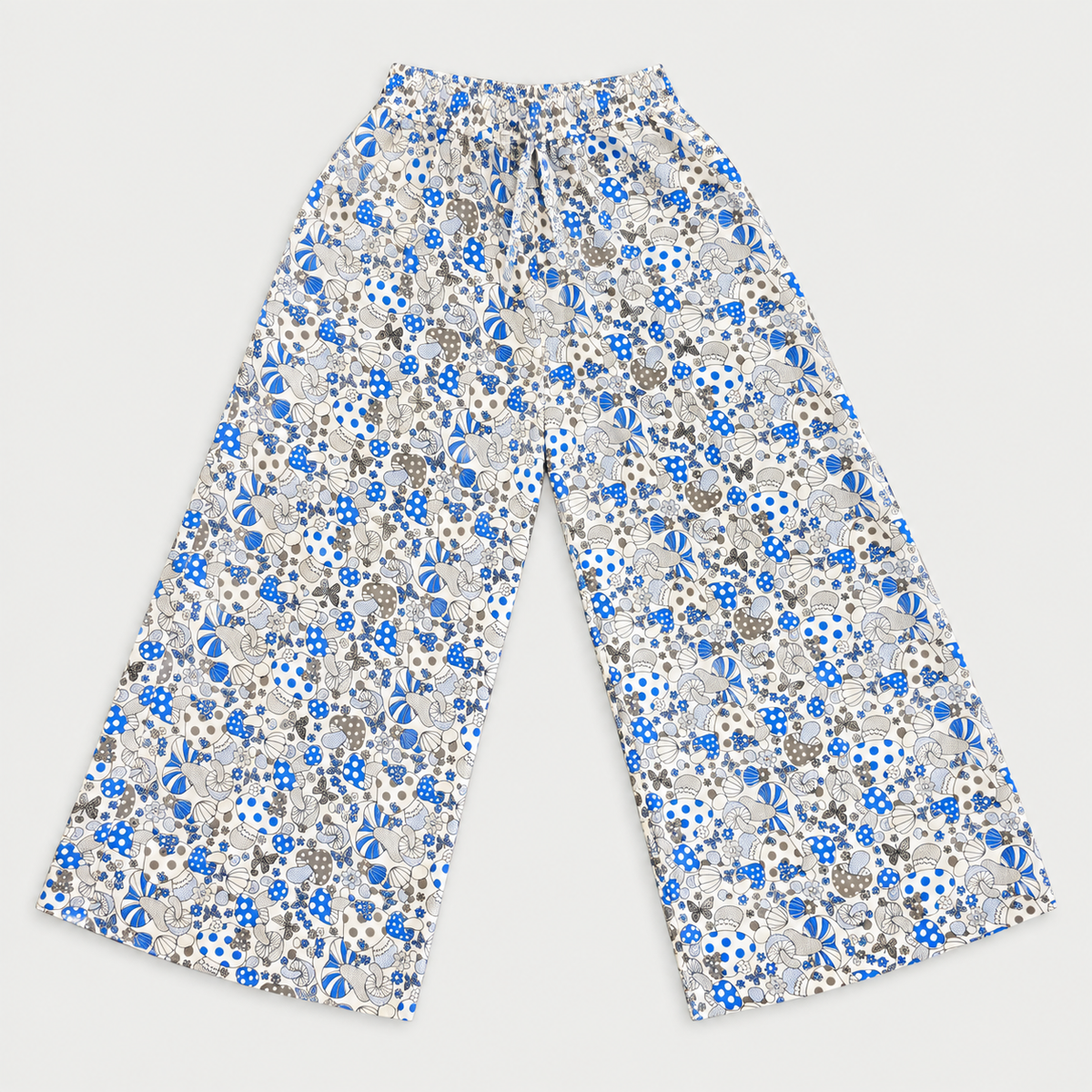 White & Blue mushroom print cotton palazzo trousers – front view