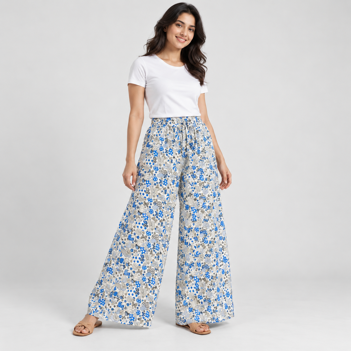 White & Blue mushroom print cotton palazzo trousers – AI-generated model styling