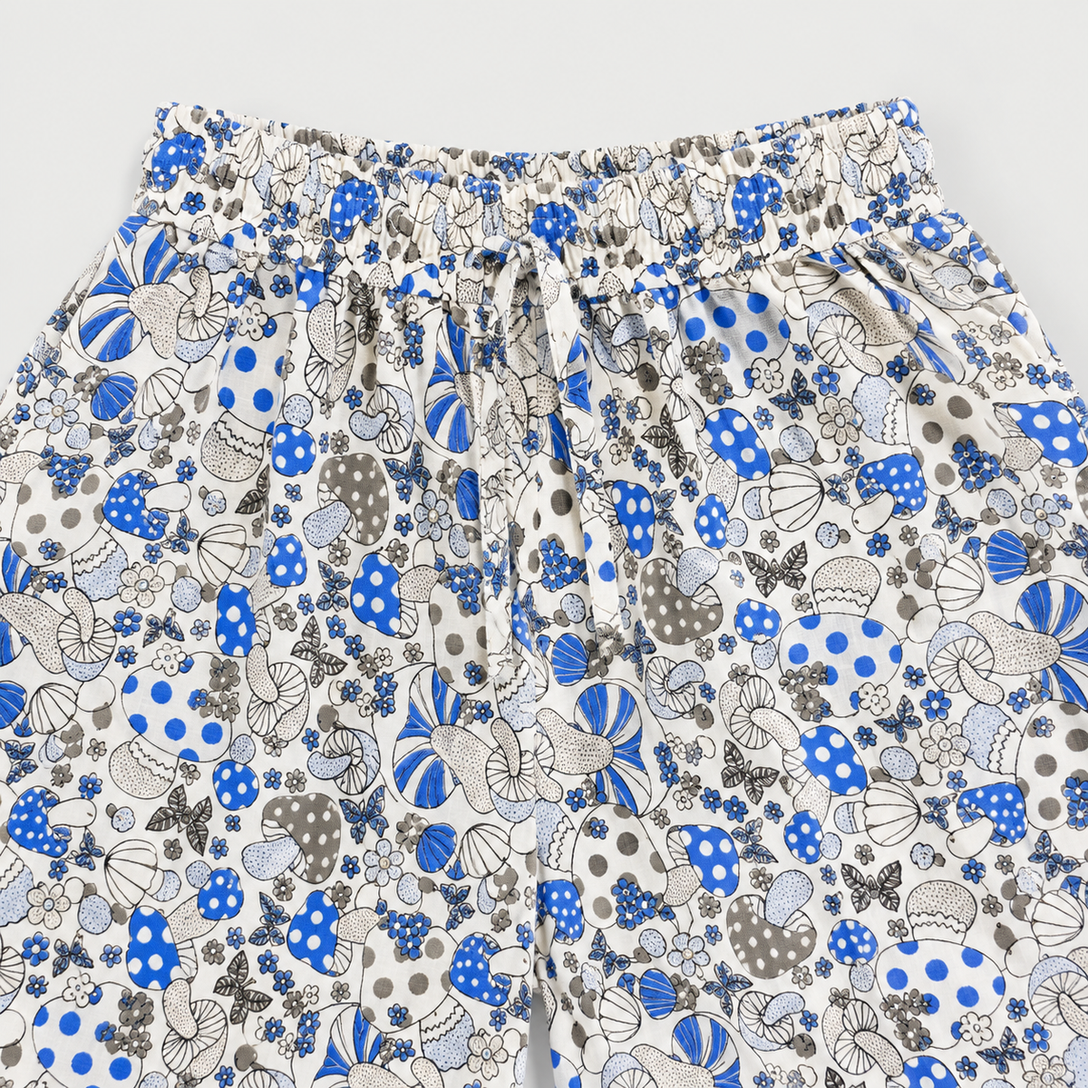 White & Blue mushroom print cotton palazzo trousers – waist view