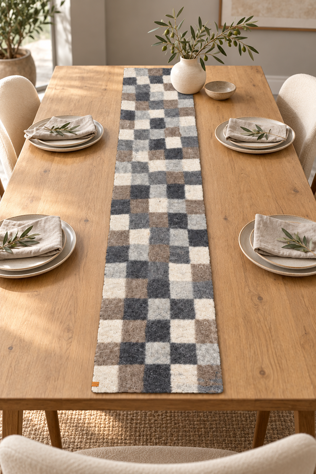 Checker wool runner centered on a decorated oak dining table
