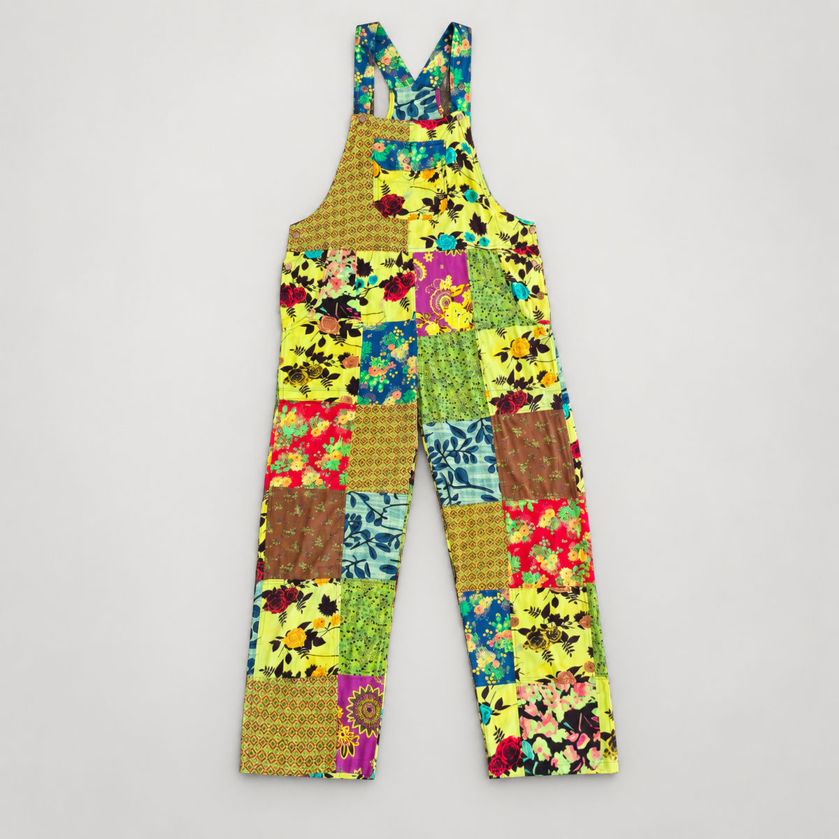 RT616 lime multicolor floral patchwork cotton overalls, full front view