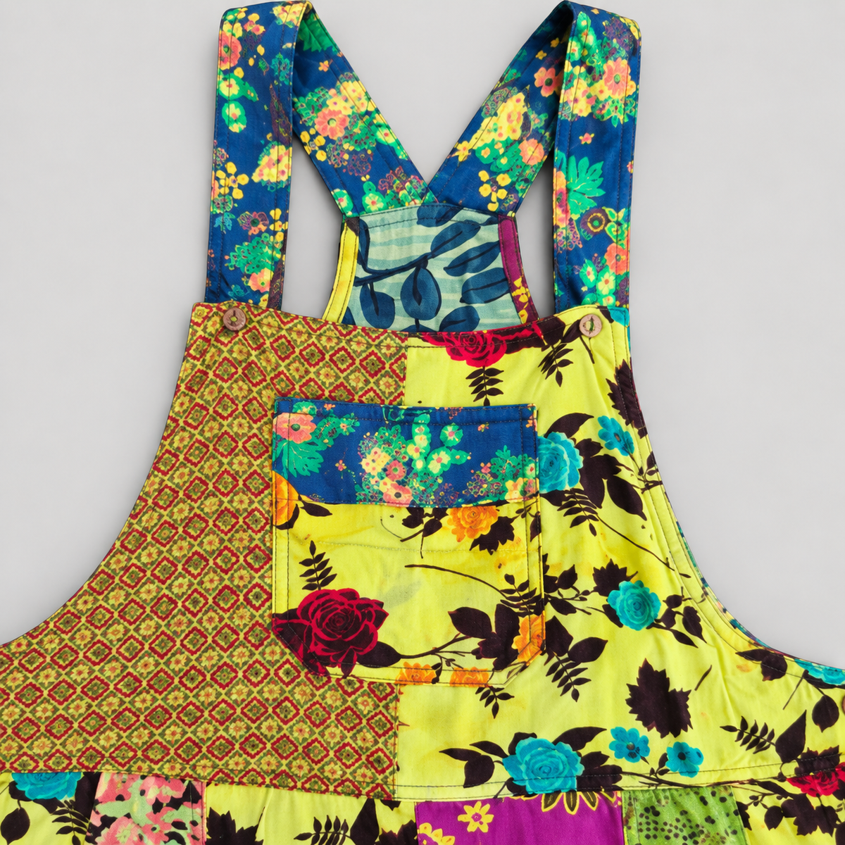 RT616 cotton overalls bib pocket and floral shoulder strap detail