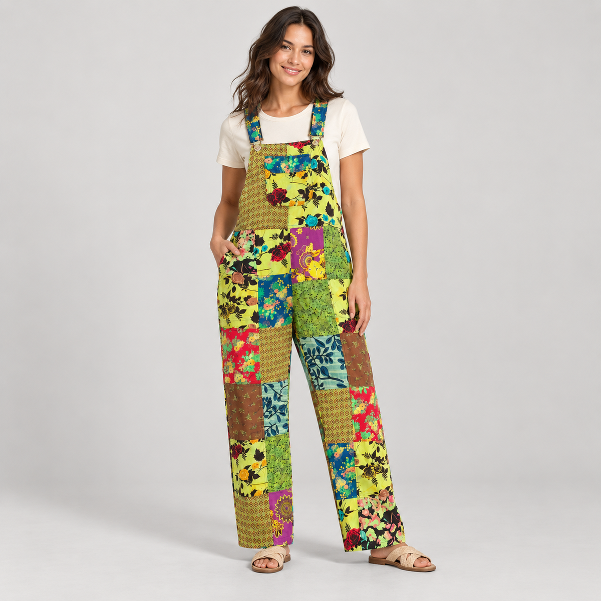 Woman wearing RT616 floral patchwork cotton overalls with one hand at the pocket