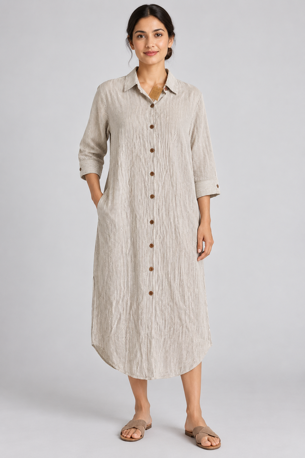 Feltiful RT812 striped long shirt dress front model view