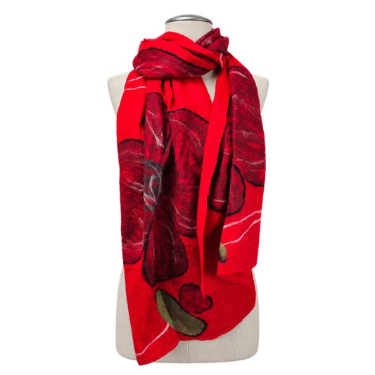 Felted scarf displayed on a cream mannequin with a soft gray background