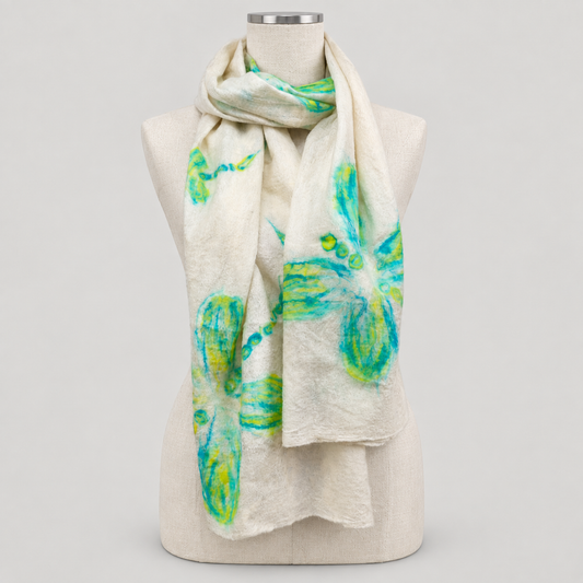 Scarf displayed on a cream mannequin with a soft gray studio background