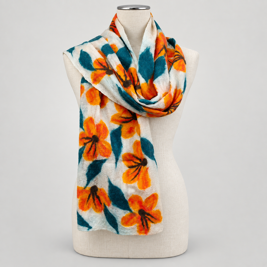 Scarf displayed on a cream mannequin with a soft gray studio background