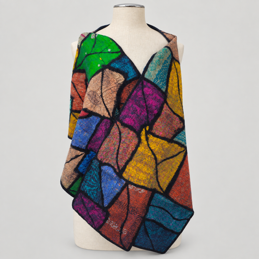 Scarf displayed on a cream mannequin with a soft gray studio background