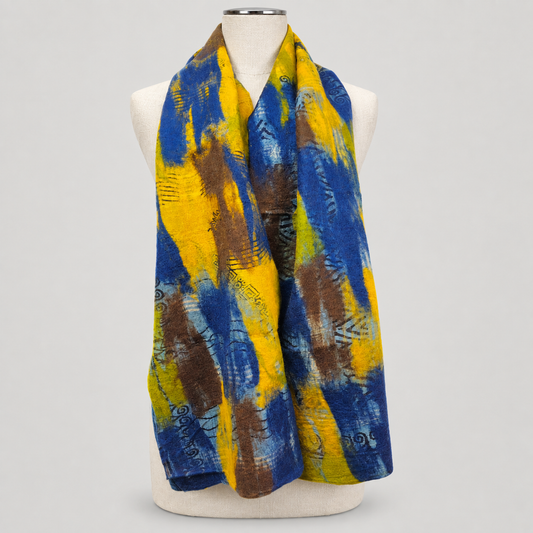 Scarf displayed on a cream mannequin with a soft gray studio background