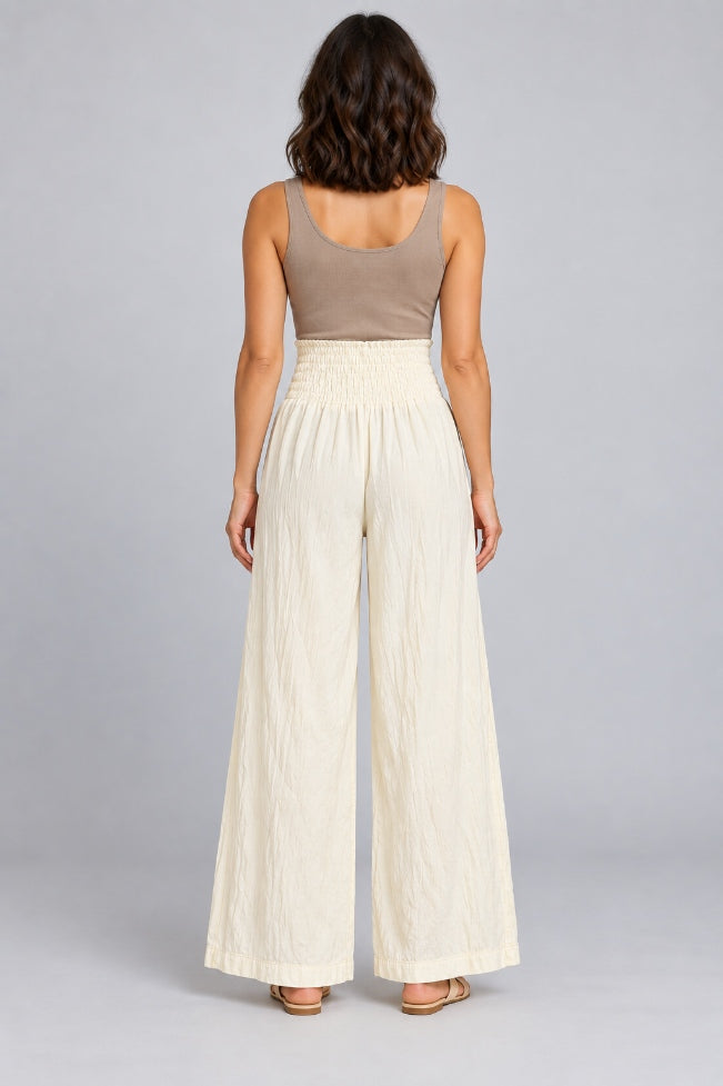 Ivory Cotton Smocked-Waist Wide-Leg Trousers