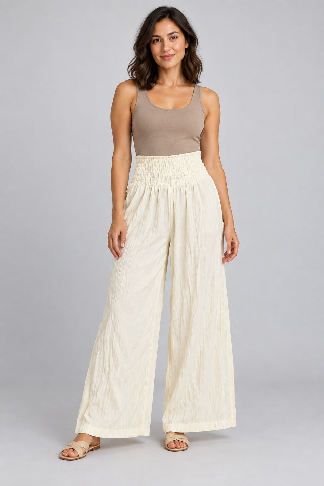 Ivory Cotton Smocked-Waist Wide-Leg Trousers
