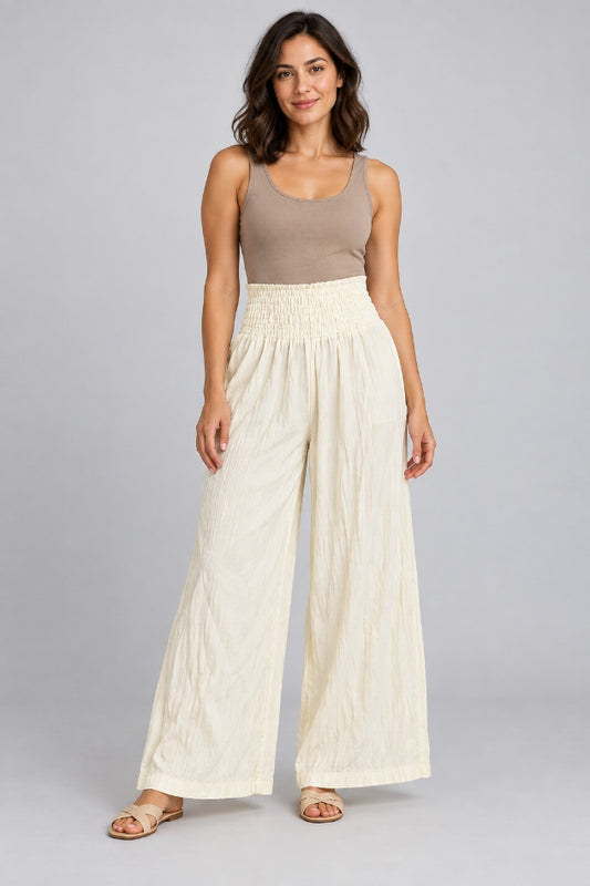 Ivory Cotton Smocked-Waist Wide-Leg Trousers