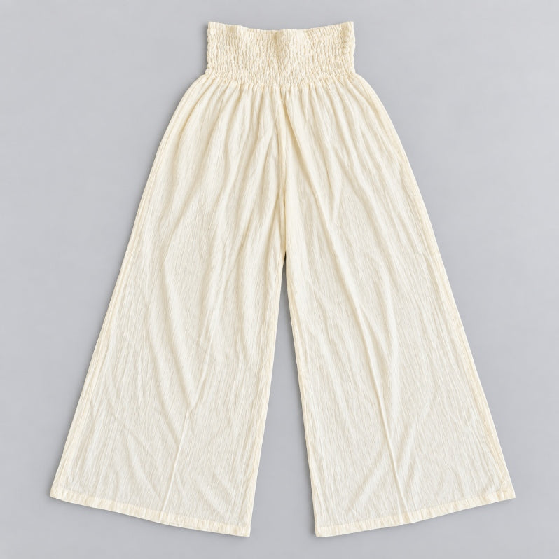 Ivory Cotton Smocked-Waist Wide-Leg Trousers