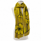 Hand-felted mustard yellow and taupe floral scarf wrapped on a mannequin