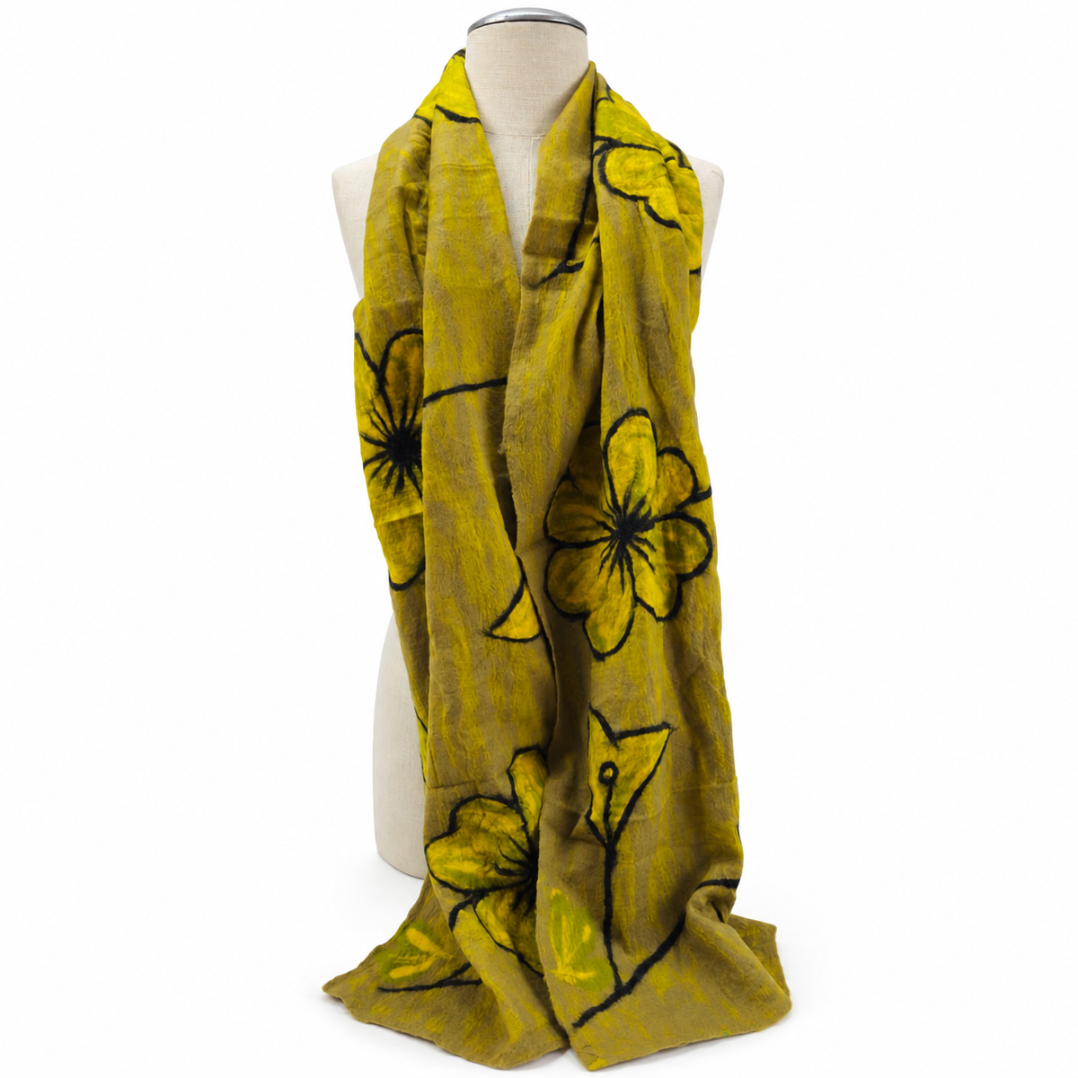 Full-length view of a mustard yellow and taupe floral felted scarf on a mannequin