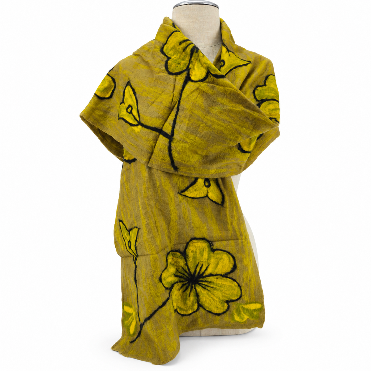 Hand-felted mustard yellow and taupe floral scarf styled as a shoulder wrap