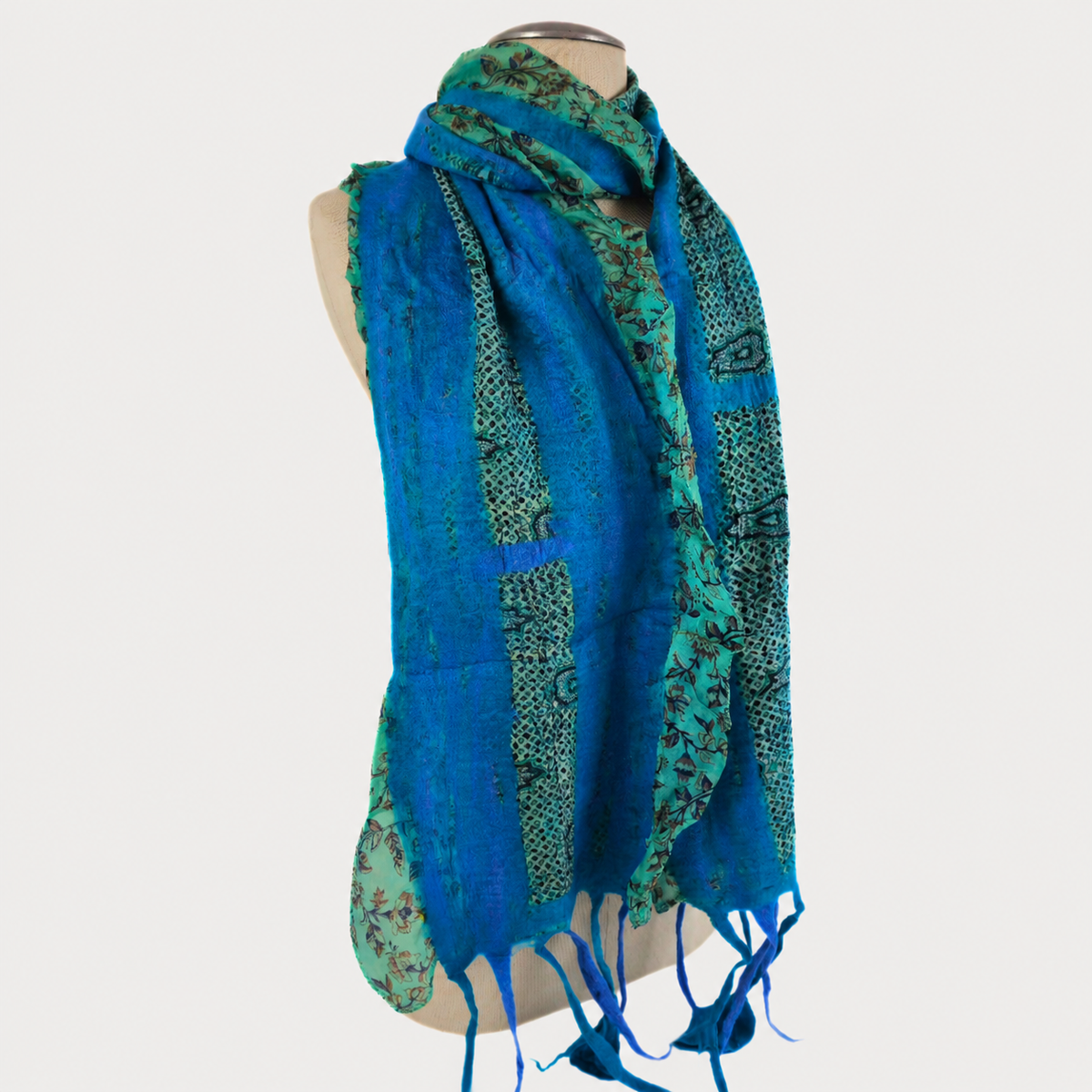 Blue saree lace felted scarf on soft gray background