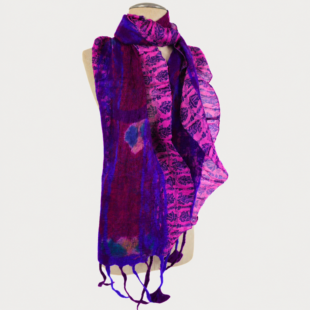 Purple saree lace felted scarf on soft gray background