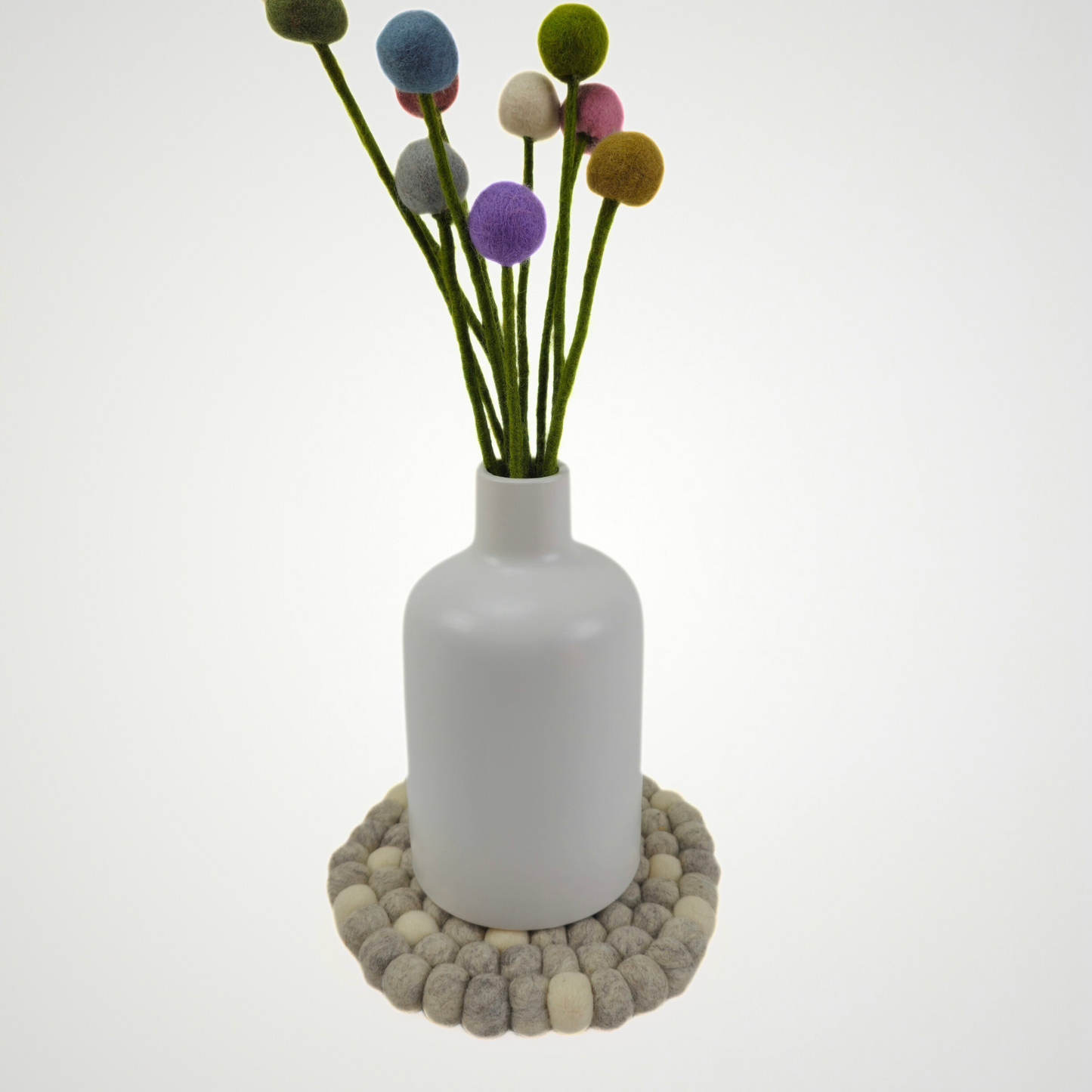 Light Gray & White Pom Pom Felted Ball Trivet-Set Of 2Pcs.