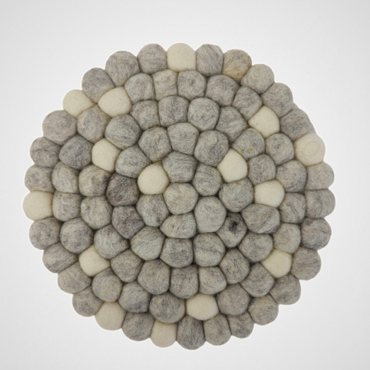 Light Gray & White Pom Pom Felted Ball Trivet-Set Of 2Pcs.