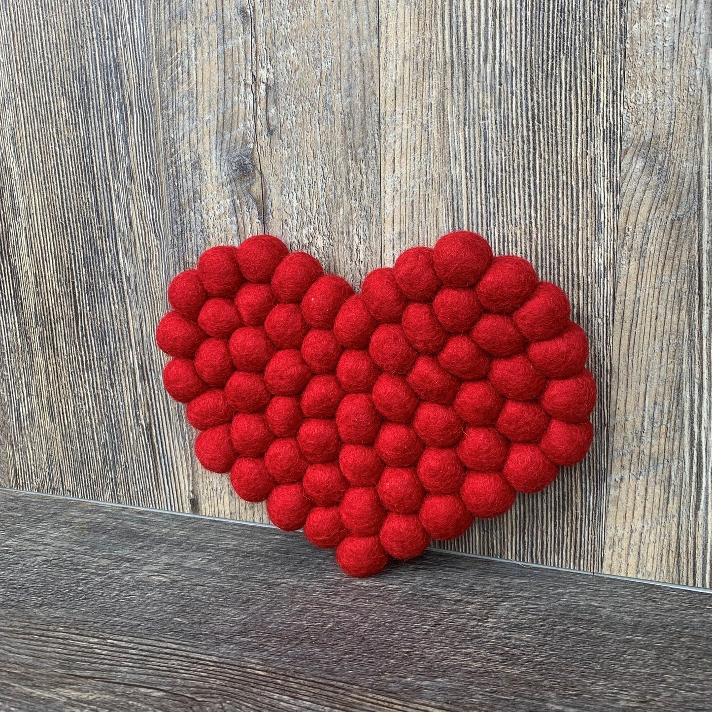 Red Heart-Shaped Wool Ball Felt Trivet